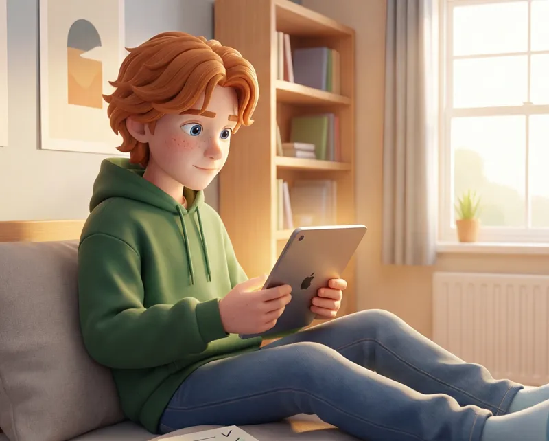 A young person in a green jumper resting on a sofa.